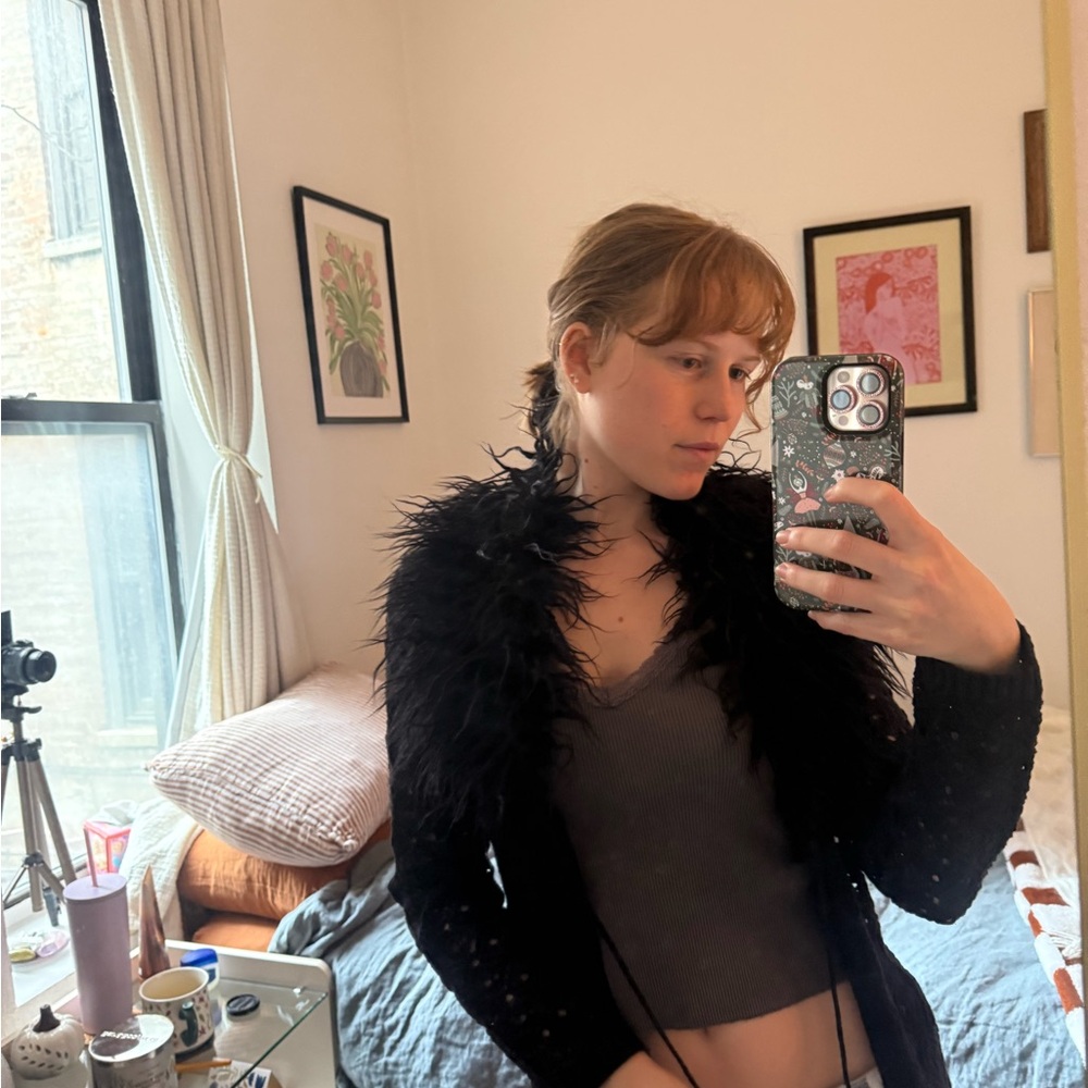 Urban Outfitters Long Black Feathered Crochet Cardigan